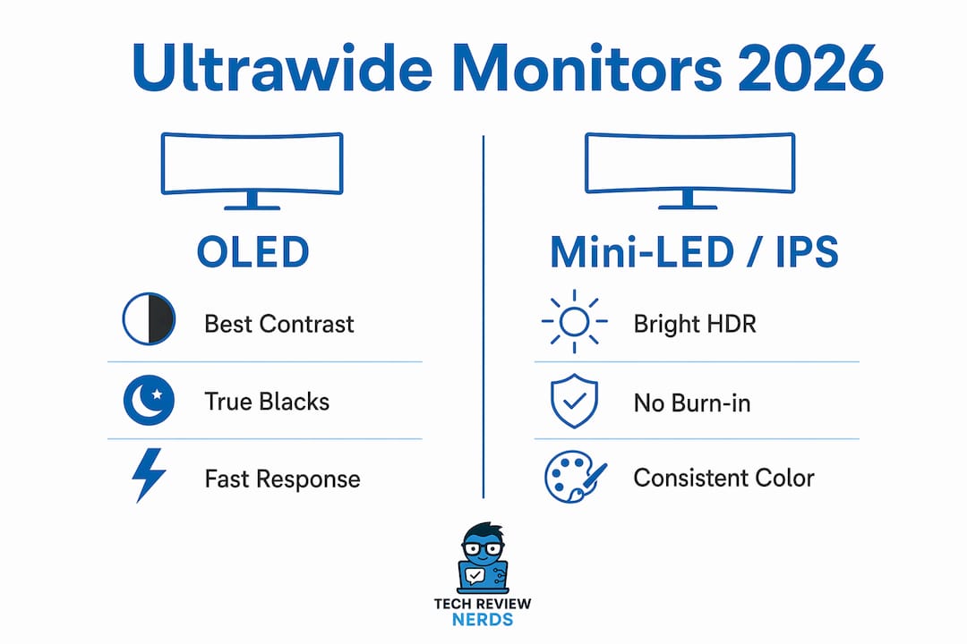 Infographic comparing OLED versus Mini-LED and IPS ultrawide monitors in 2026