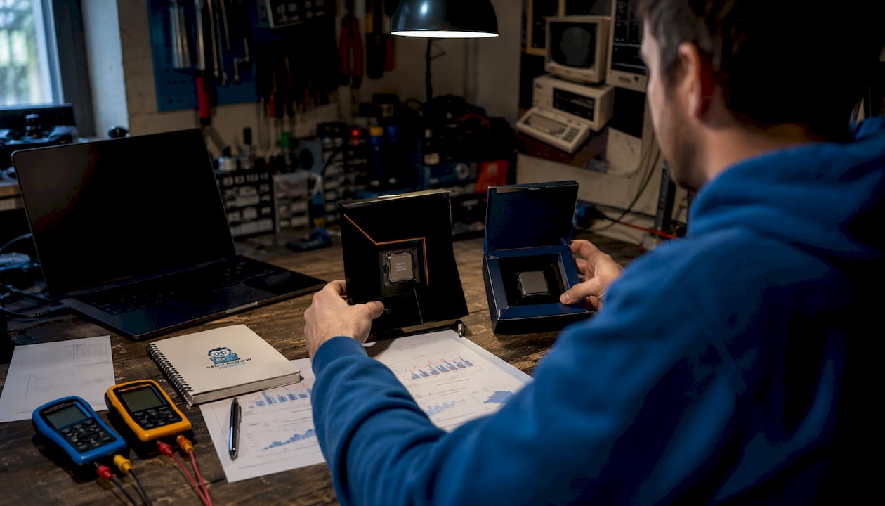 Hands comparing AMD and Intel CPU packaging