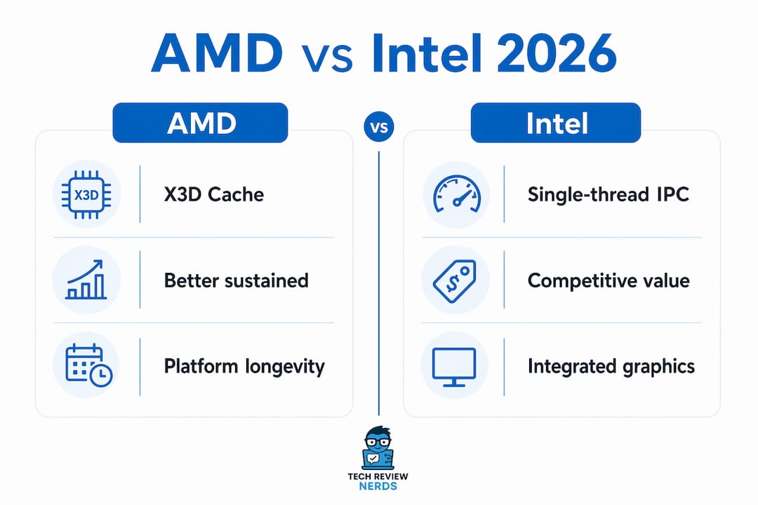 Infographic comparing AMD and Intel CPUs in 2026