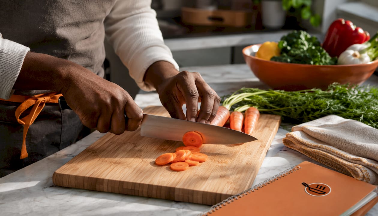 Home cook practicing pinch grip on chef's knife