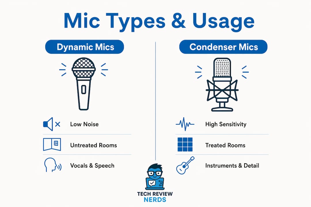 Infographic comparing dynamic and condenser microphone features