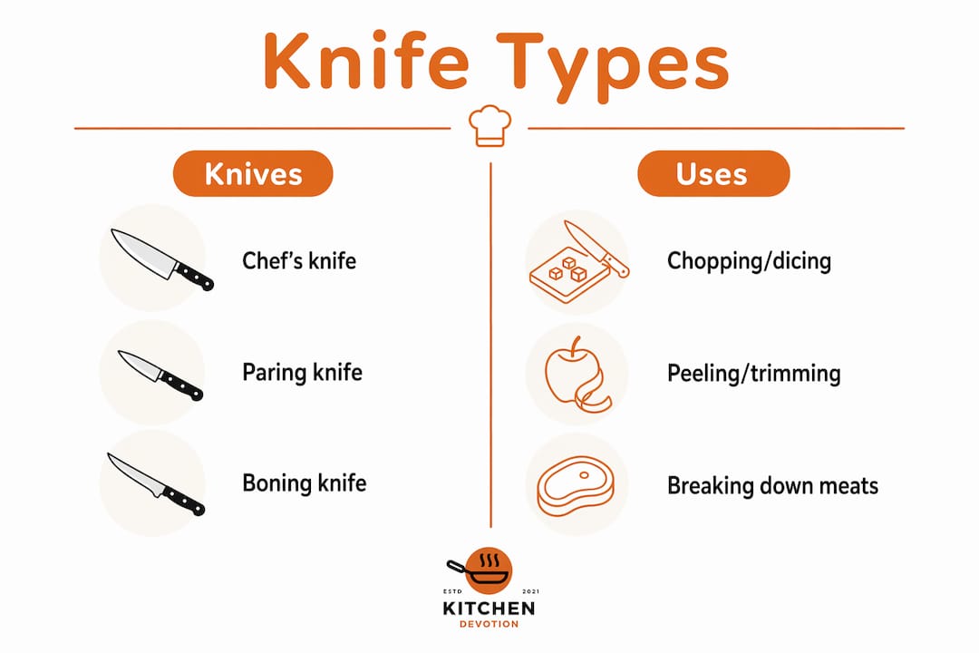 Infographic illustrating knife types with their uses