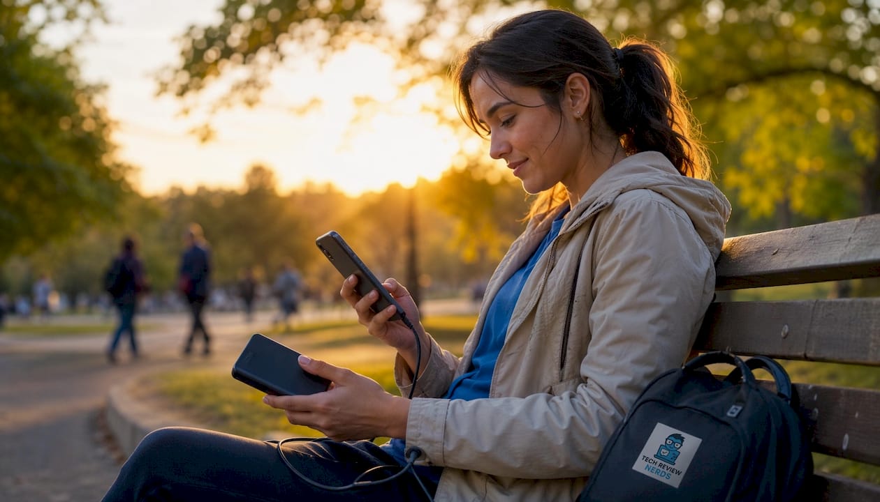 Commuter using compact power bank outdoors