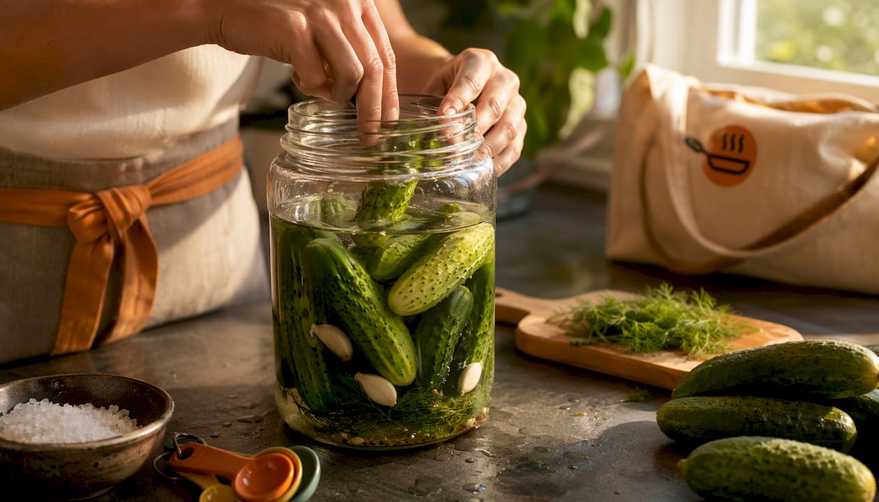 Hands preparing refrigerator pickles in glass jar