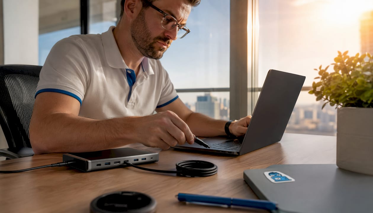 Man connecting Thunderbolt dock to laptop on desk