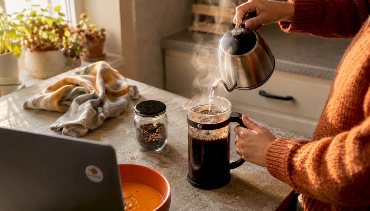 Hands preparing French press with coffee grounds