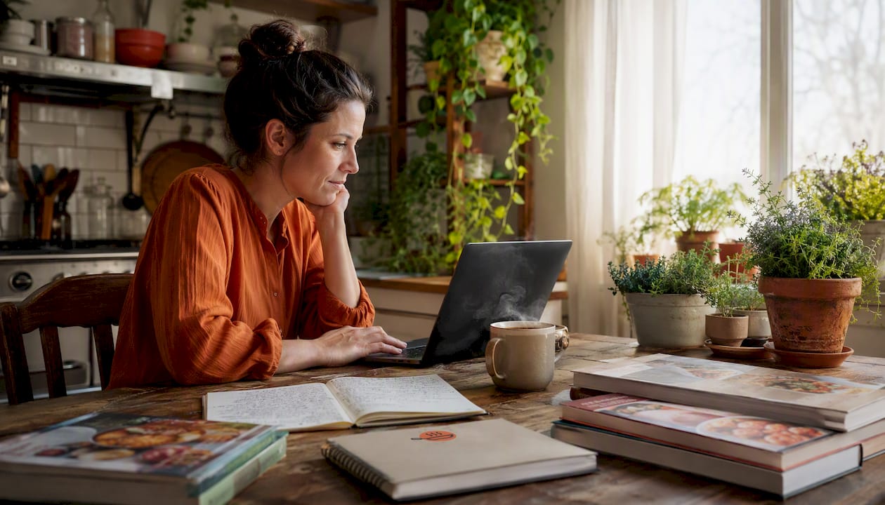 Home cook browsing reviews on laptop at kitchen table