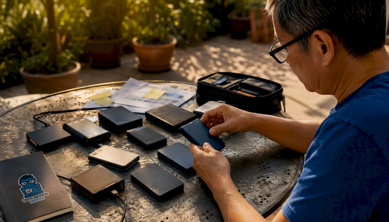 Hands organizing external HDDs at desk