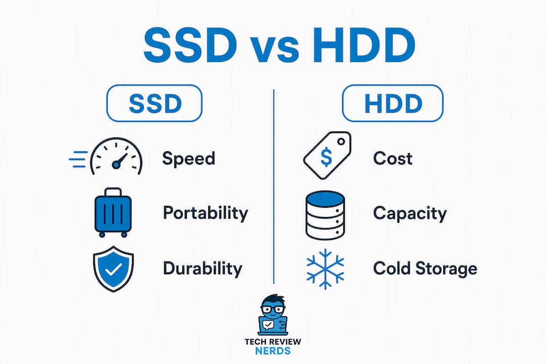Infographic showing SSD vs HDD key features