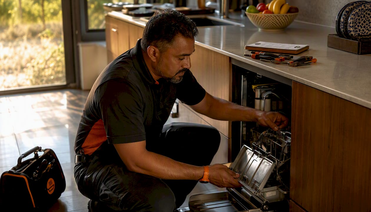 Appliance technician inspecting dishwasher in kitchen