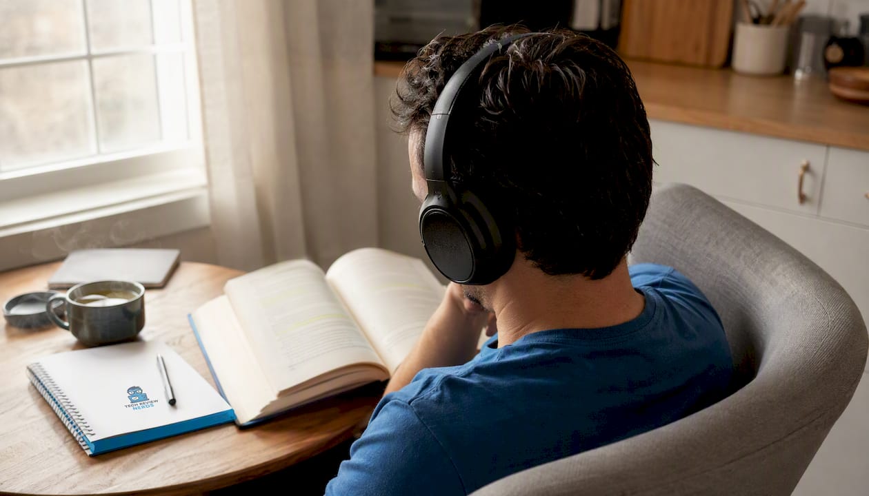 Person comfortably wearing over-ear headphones at home desk