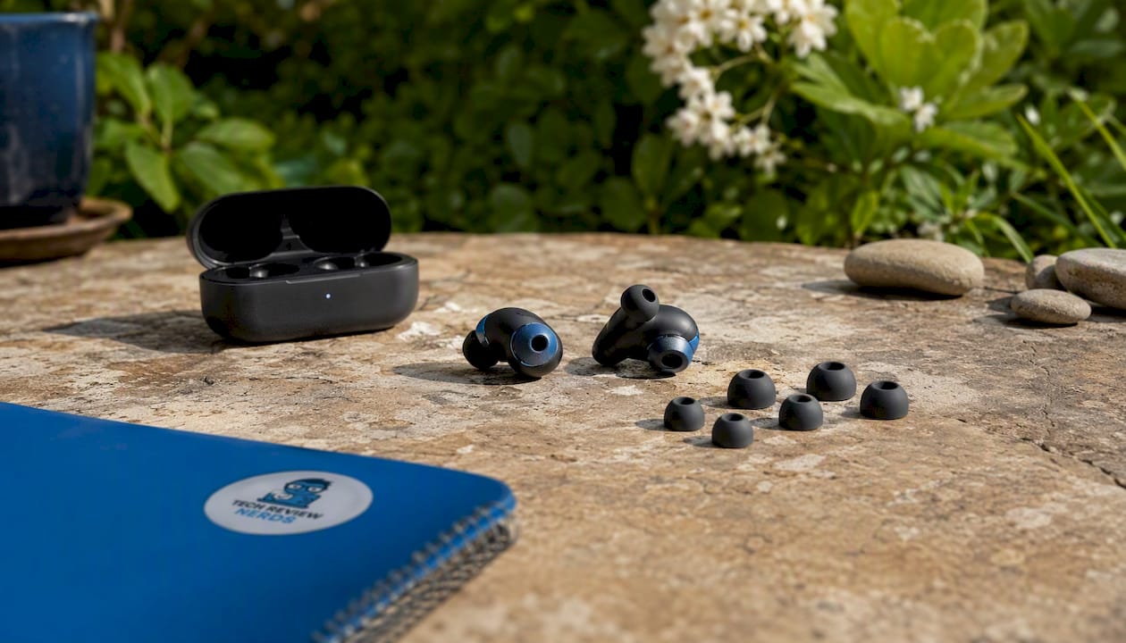 Close-up of wireless earbuds with fitting tips on desk