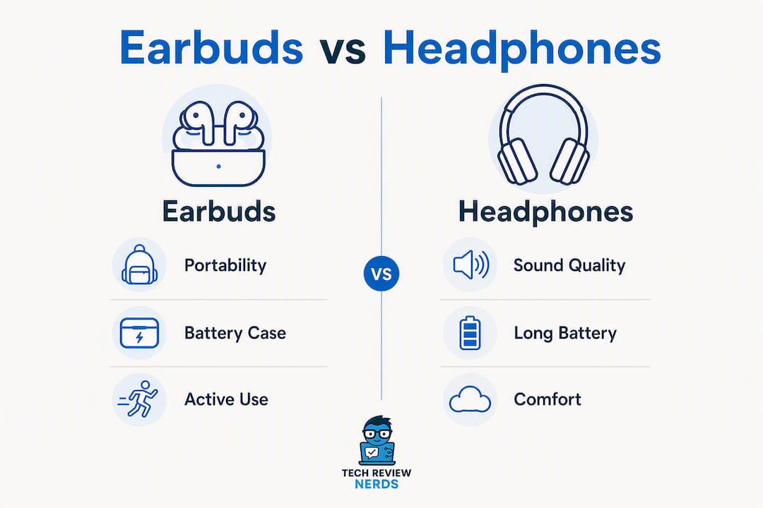 Infographic comparing wireless earbuds and headphones features