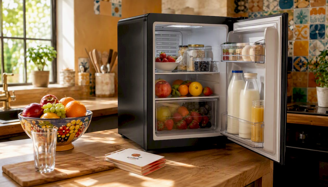 Compact mini fridge in modern kitchen