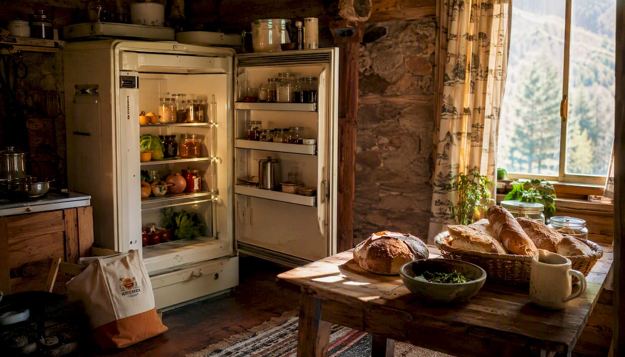 Propane absorption fridge in cabin kitchen
