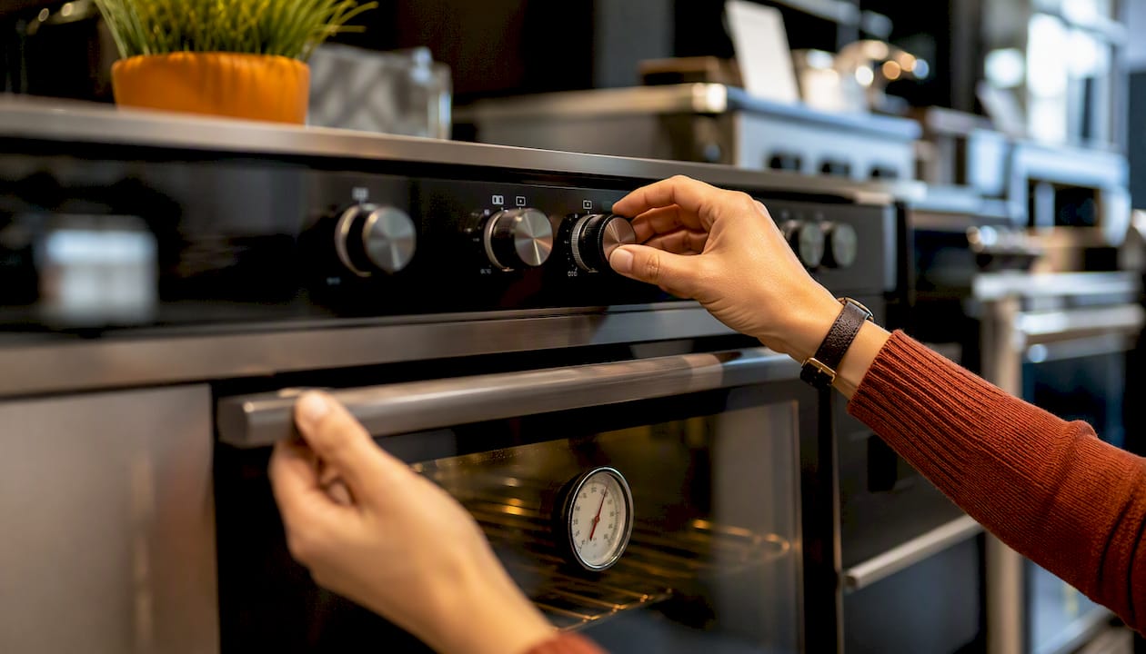 Hands checking oven door seal and burners