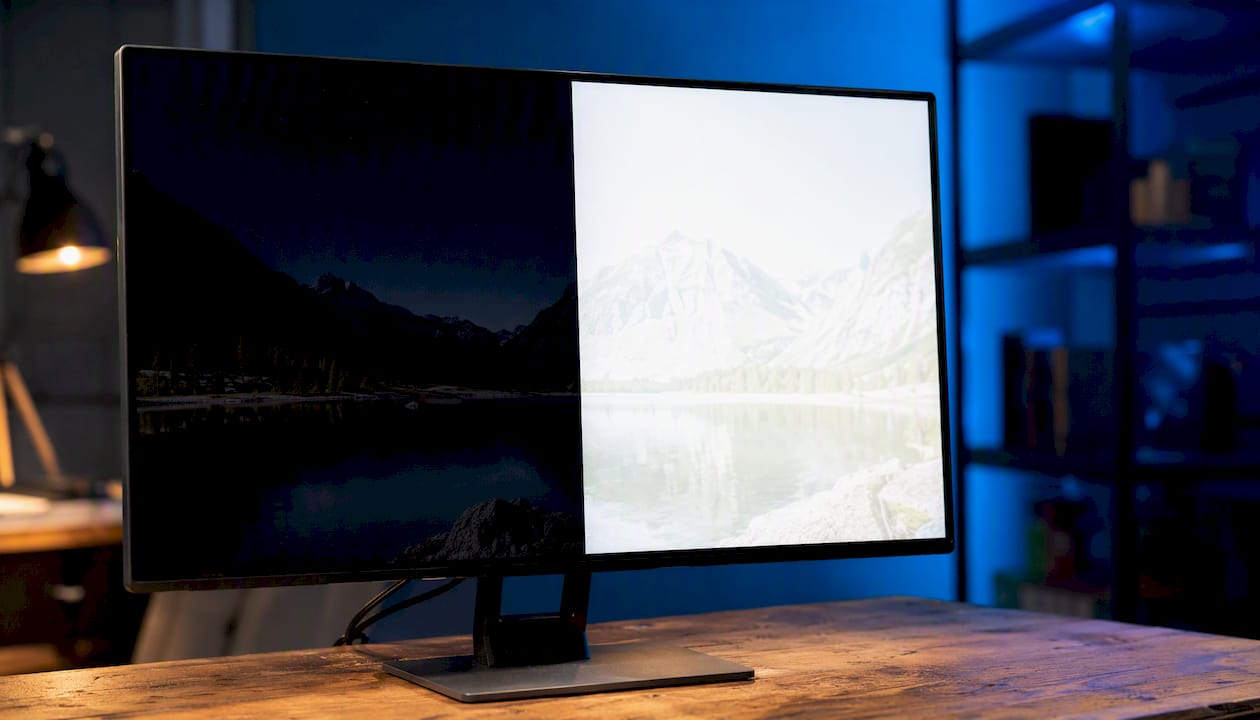 Monitor screen showing OLED and IPS contrast comparison