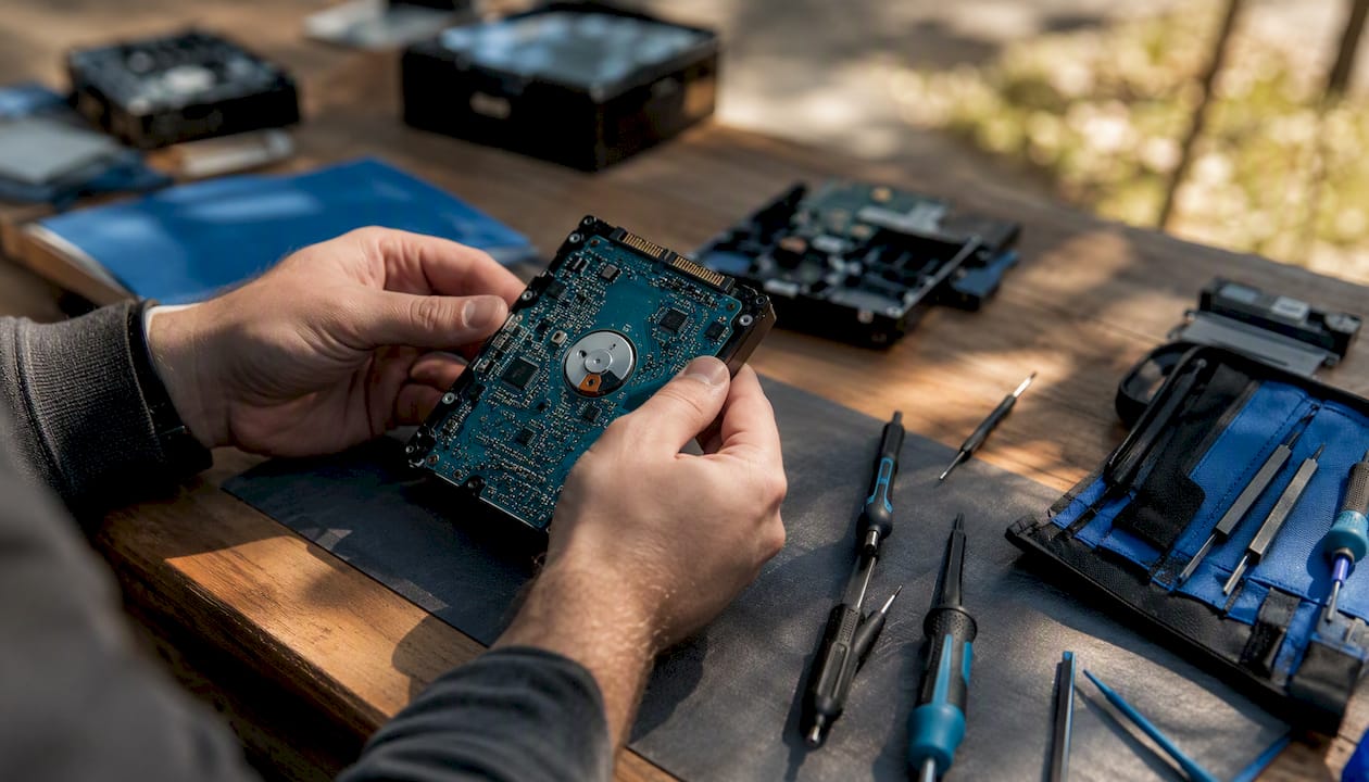 Technician inspecting hard drive circuit board