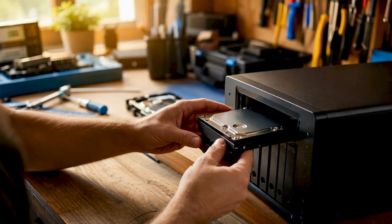 Hands installing hard drive into NAS bay