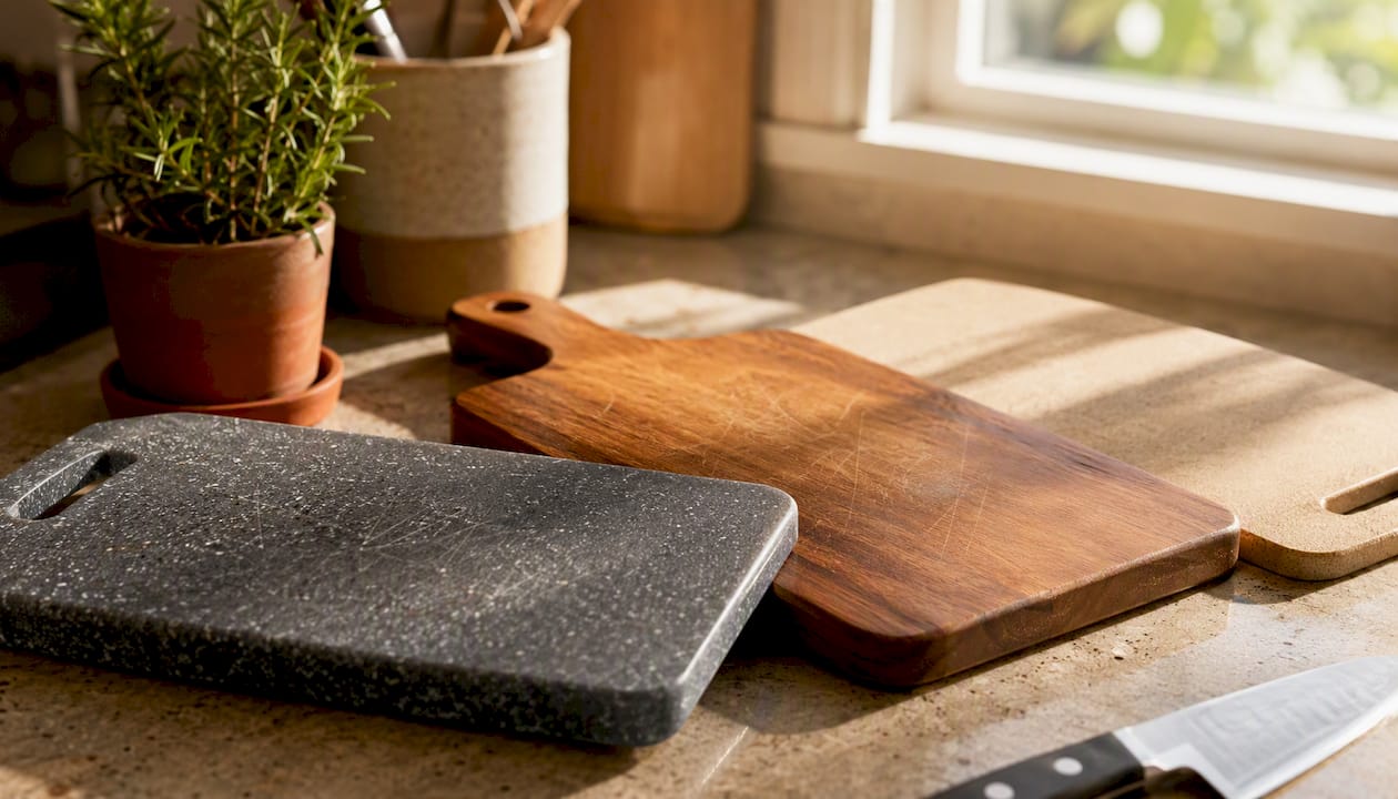 Three cutting board materials on countertop