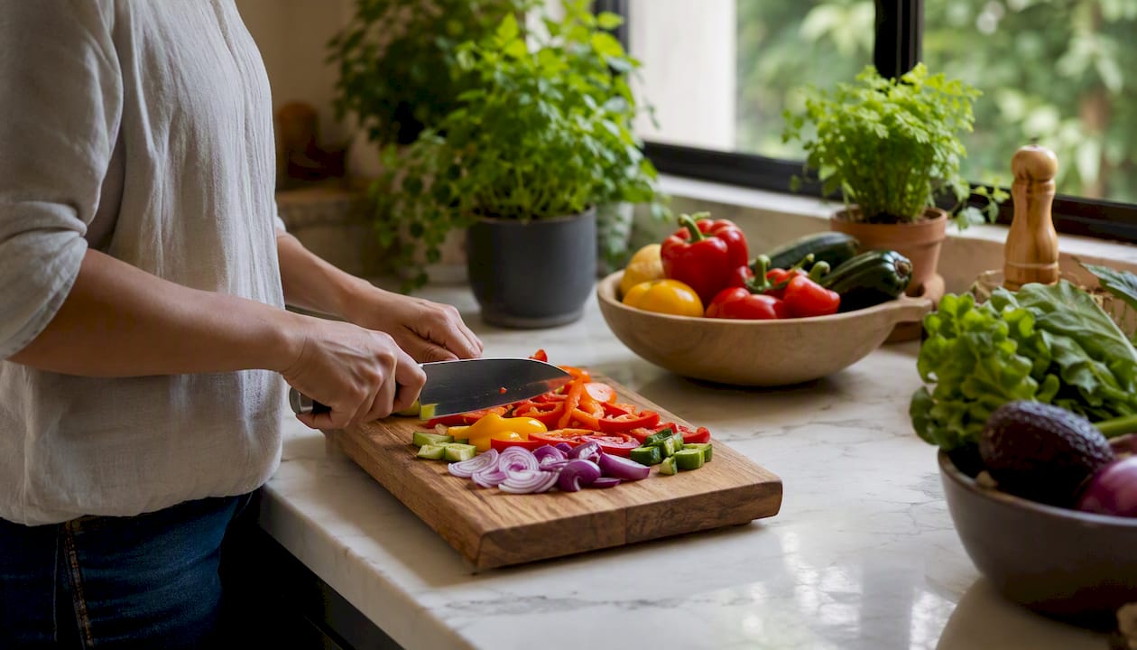 Hands slicing vegetables on cutting board