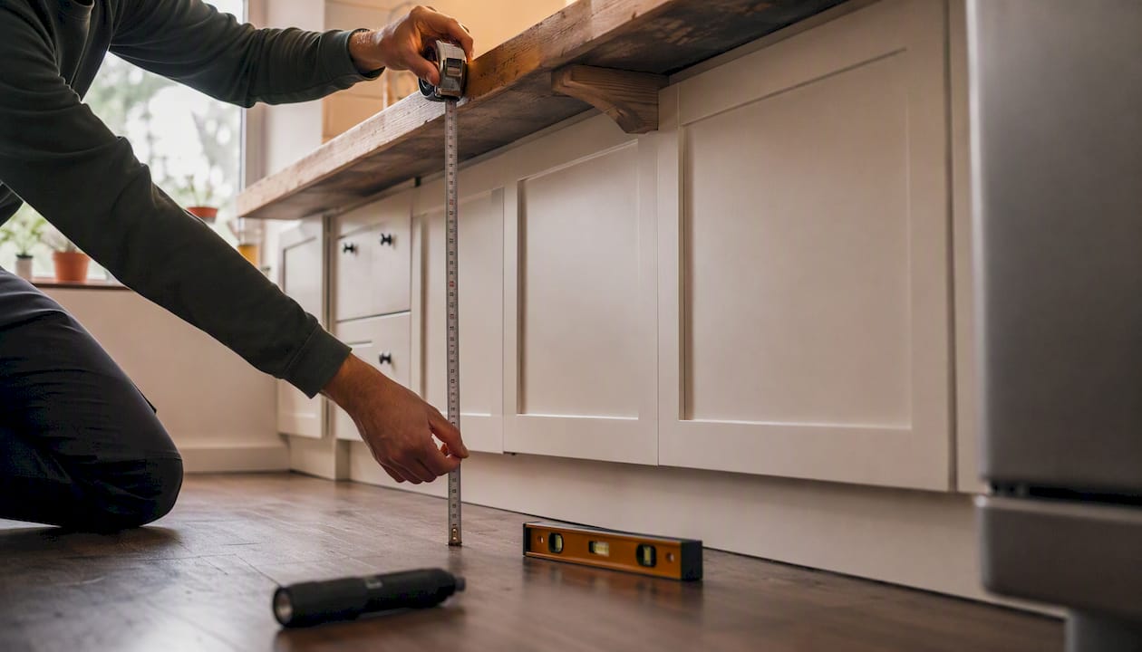 Hands measuring dishwasher height in kitchen opening