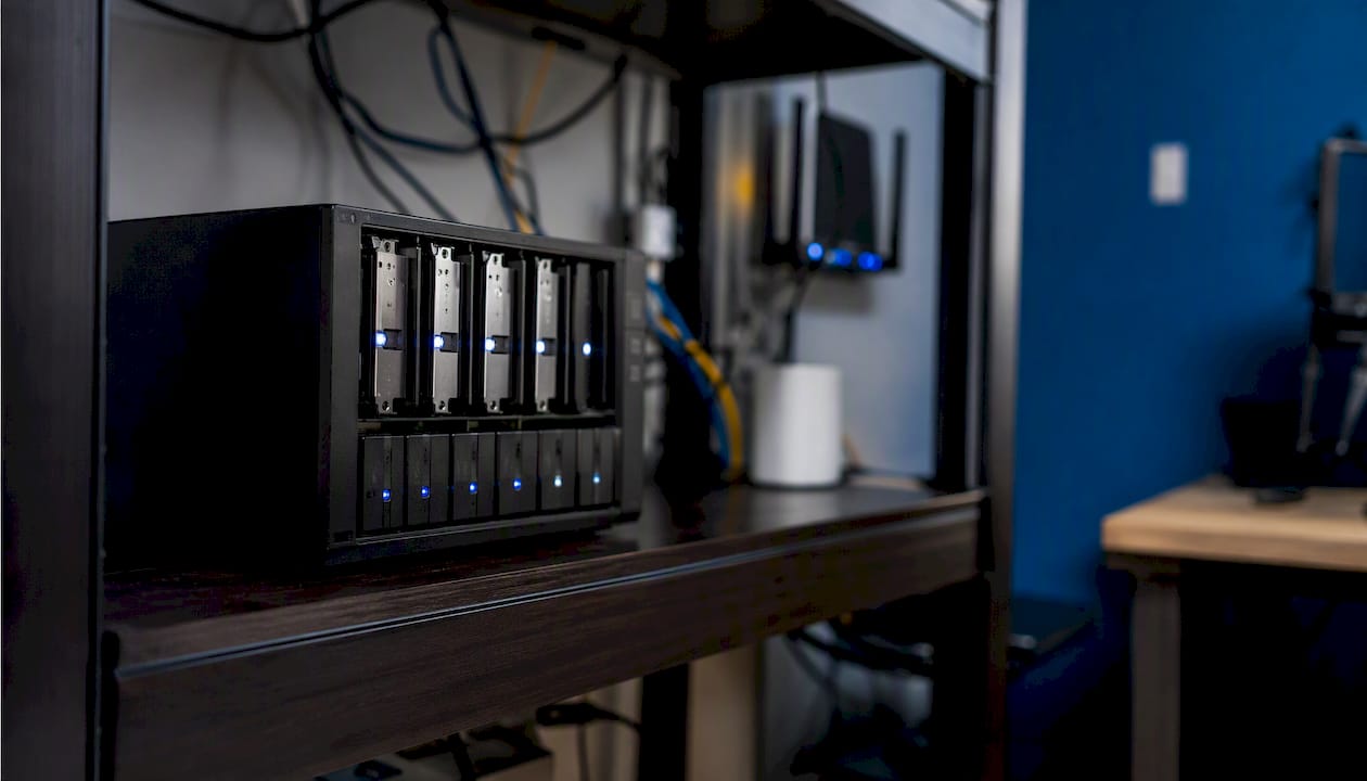 Home NAS device with hard drives on shelf