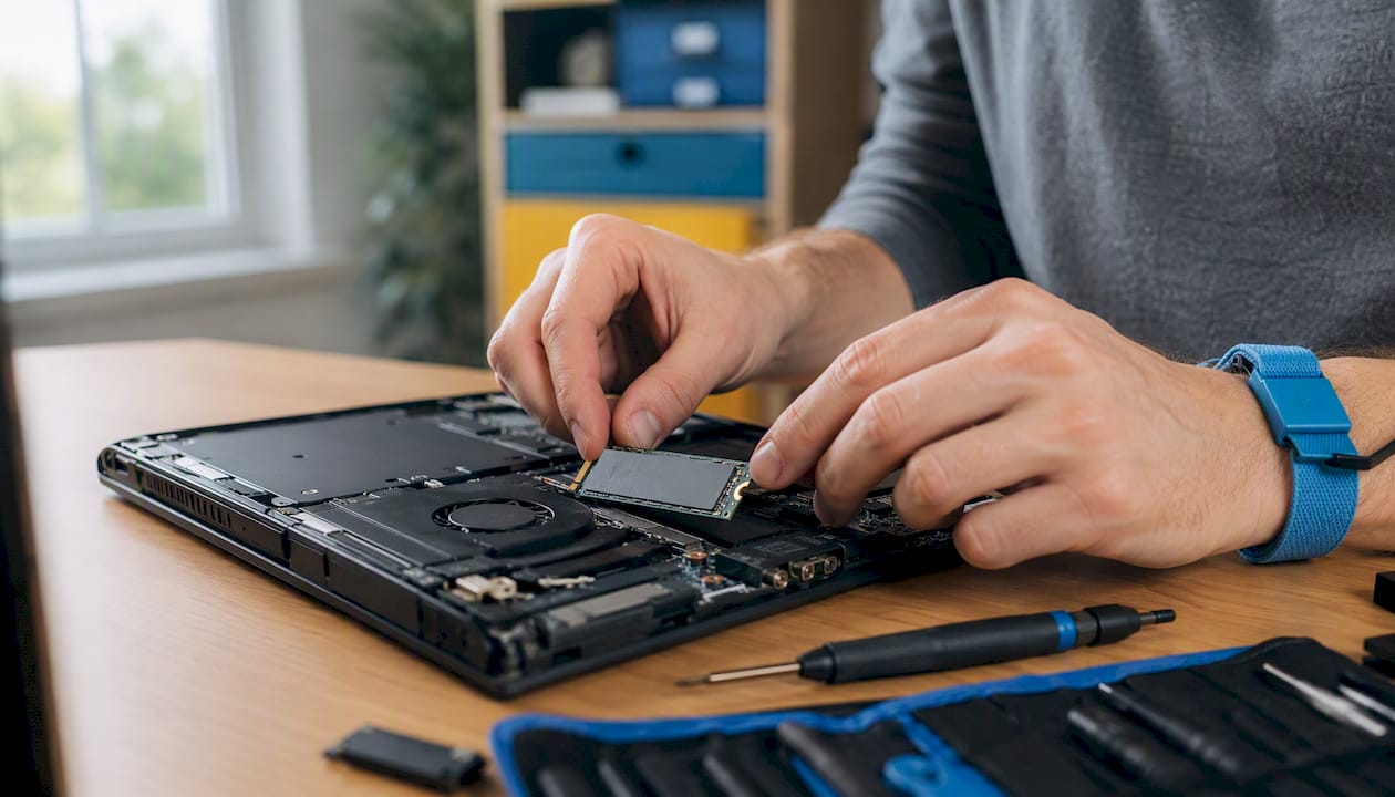 Hands installing SSD inside laptop