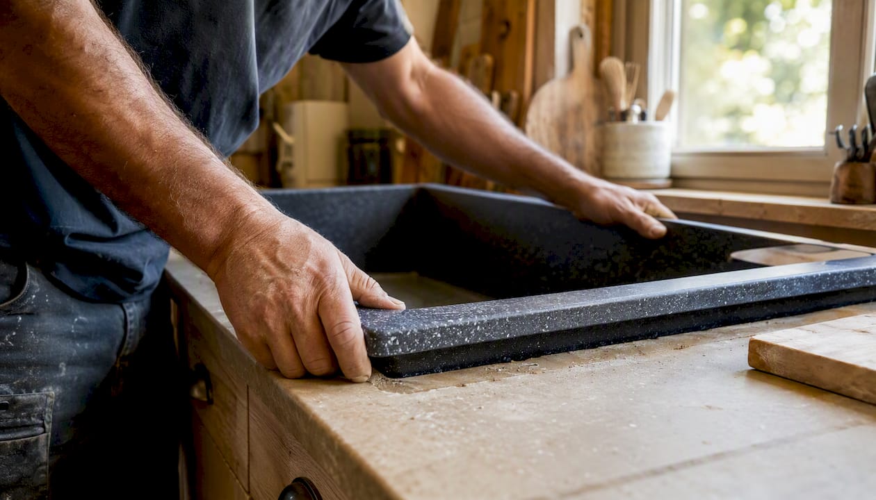 Hands installing granite composite sink