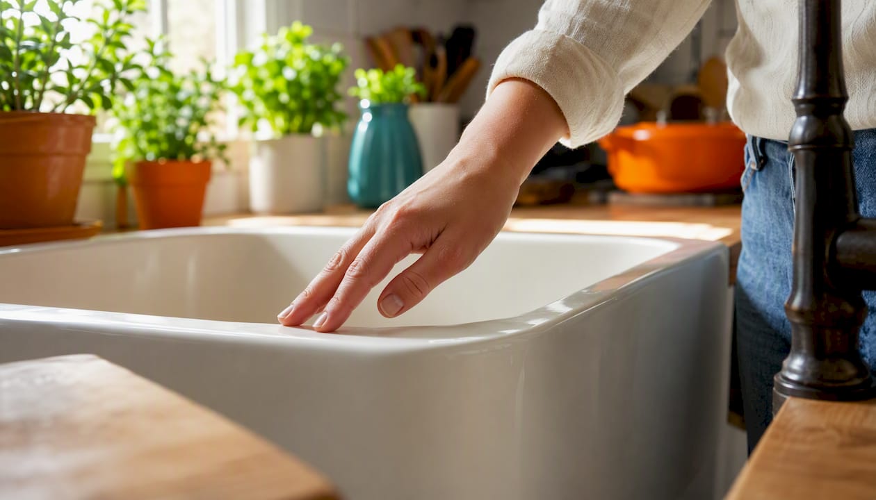 Close-up of fireclay sink surface with hand