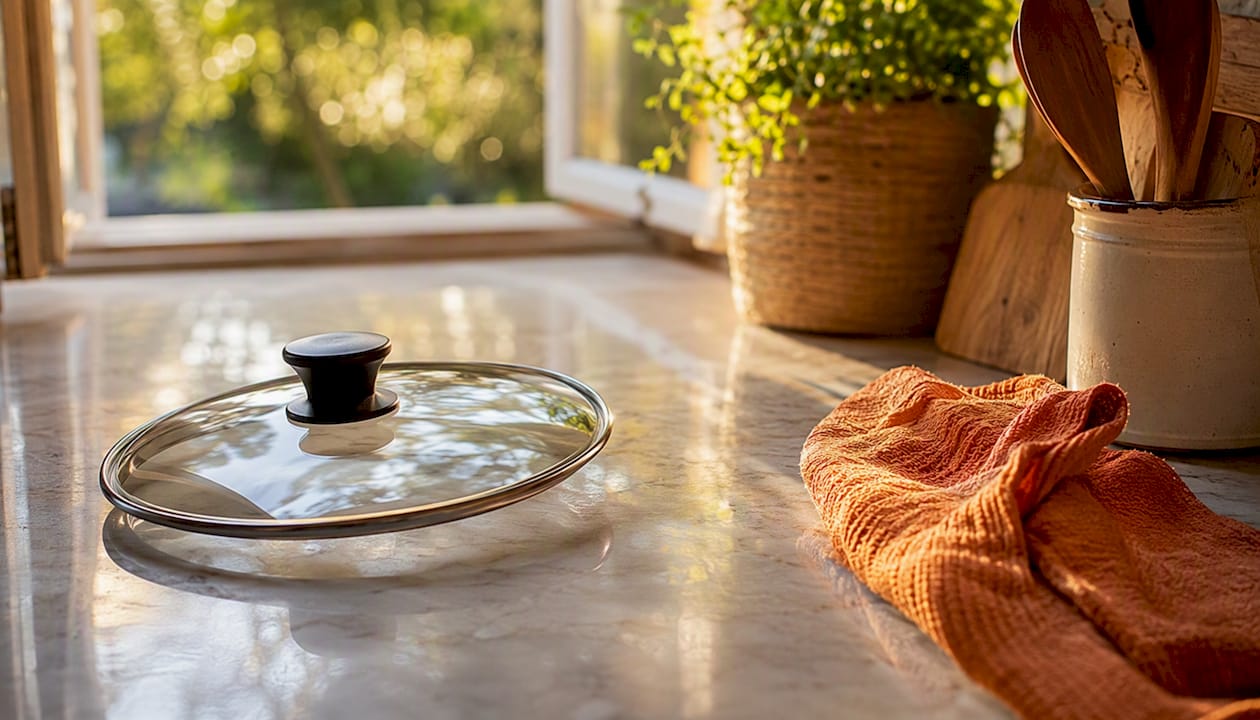 Glass pan lid with phenolic knob on counter