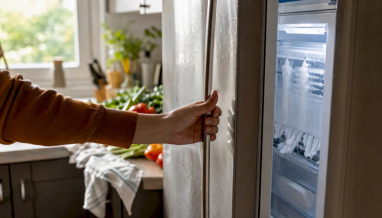 Hand opening modern fridge door revealing coils