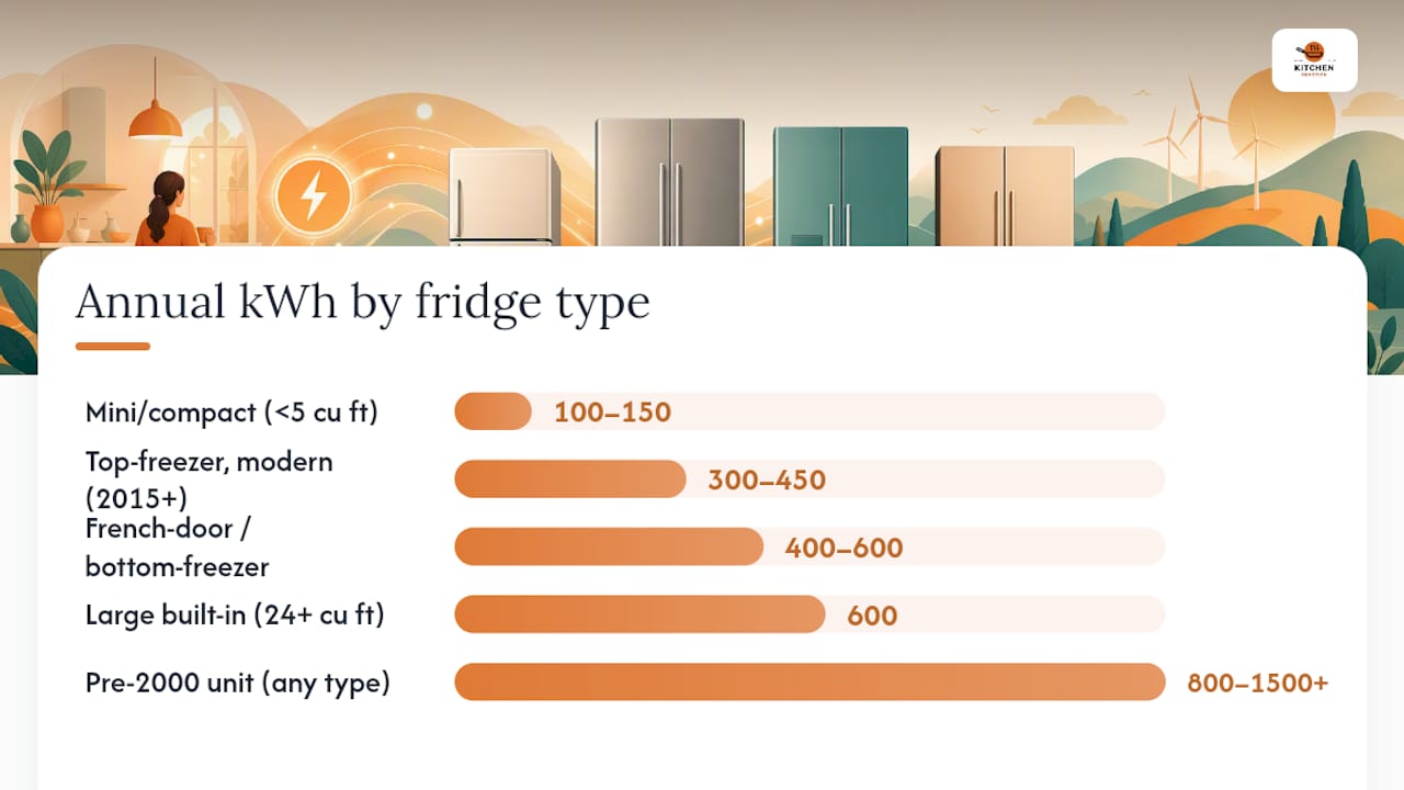 Bar chart of annual kWh usage by fridge type and age