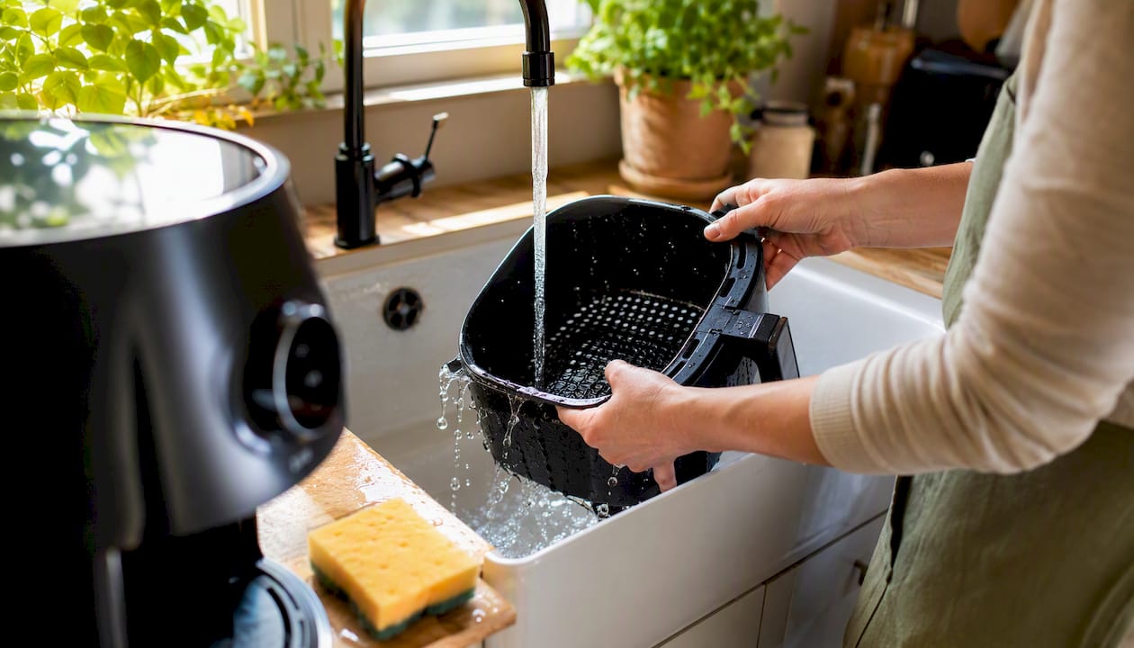 Hands scrubbing air fryer basket in sink
