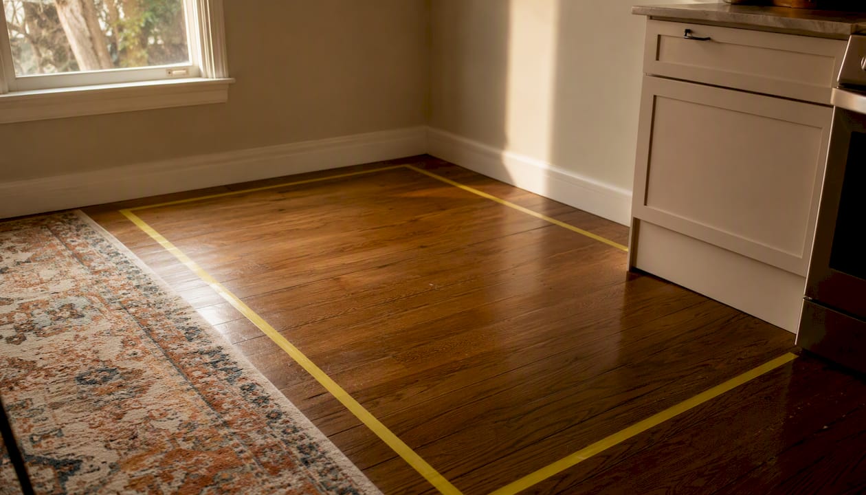 Painter's tape marking fridge footprint on kitchen floor