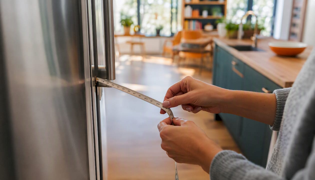 Measuring refrigerator handle projection with tape measure