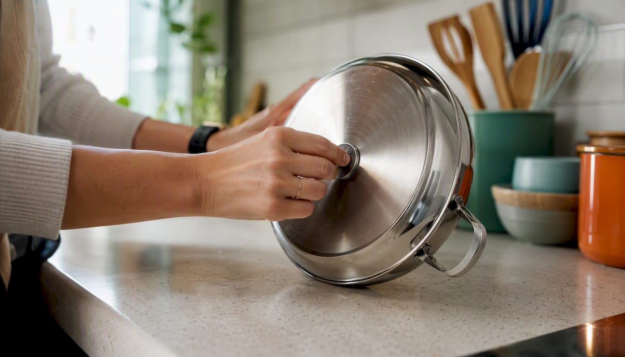 Hand testing cookware bottom with magnet