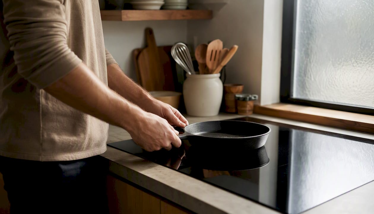 Hands lifting pan to protect induction cooktop surface