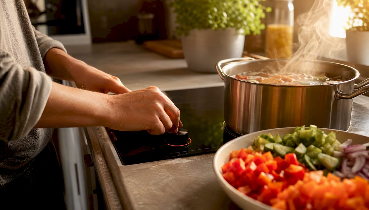 Hands adjusting induction cooktop dial