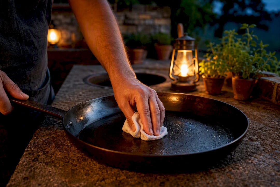 Hands applying oil evenly to carbon steel pan