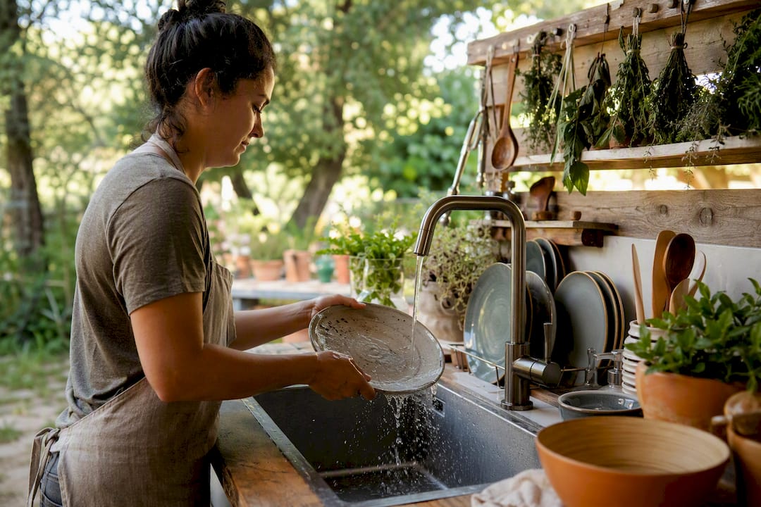 Hands rinsing glazed porcelain and stoneware dishes