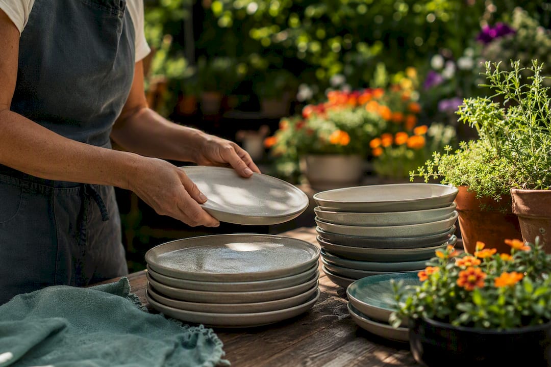 Hands placing vitrified porcelain plates in dishwasher