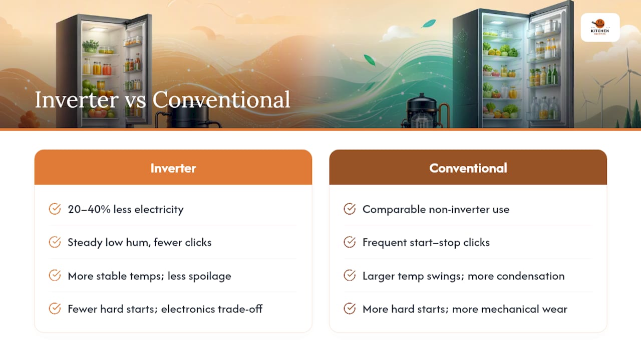 Comparison of inverter and conventional refrigerators on energy, noise, and food preservation