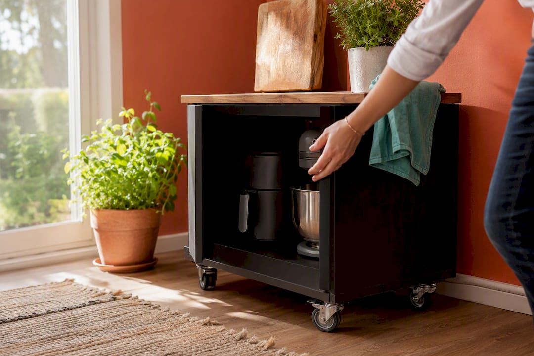 Rolling kitchen cart hiding appliances