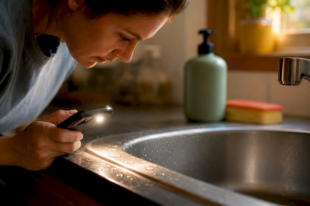 Person inspecting stainless sink surface with phone light