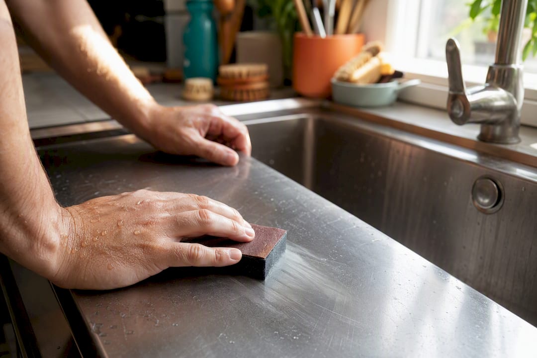 Hands wet sanding stainless steel sink scratch