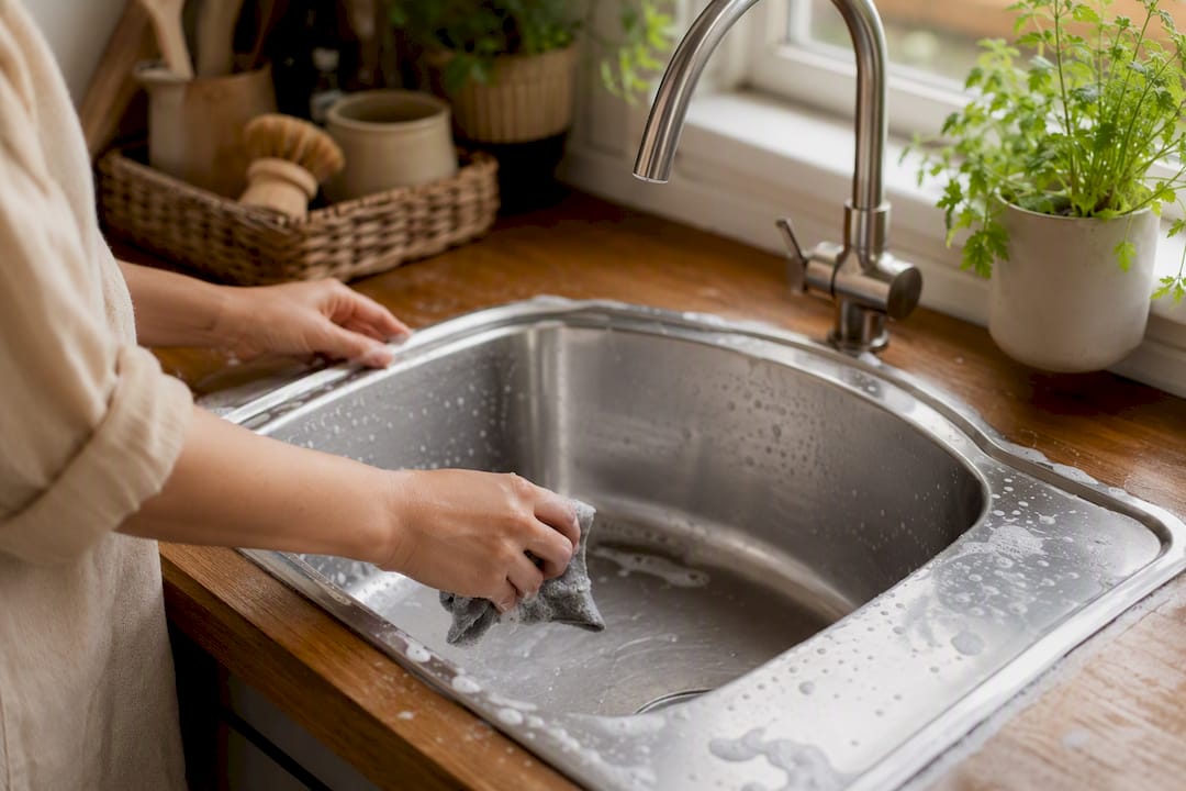 Hands cleaning stainless steel sink with soap and water
