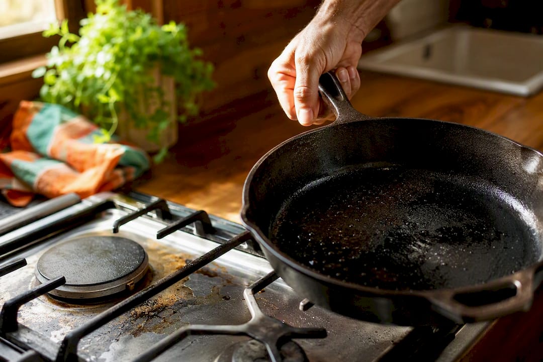 Close-up of hand lifting cast iron skillet in kitchen