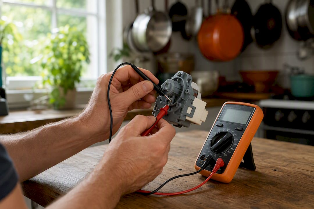 Hands testing dishwasher drain pump motor with multimeter