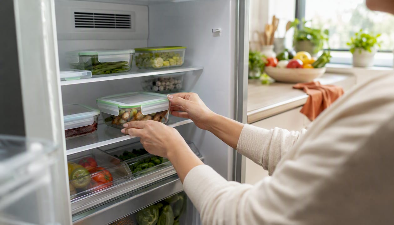 Hands rearranging items inside fridge for airflow